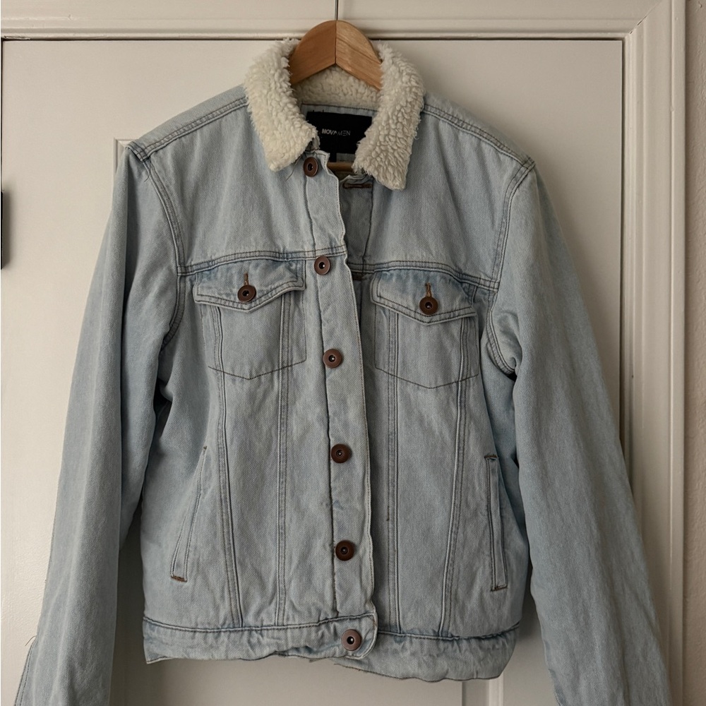 Light Blue Denim Jacket with Shearling Collar
